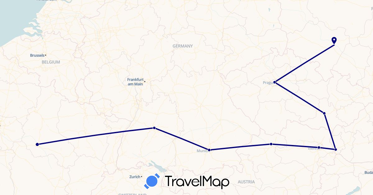 TravelMap itinerary: driving in Austria, Czech Republic, Germany, France, Poland, Slovakia (Europe)